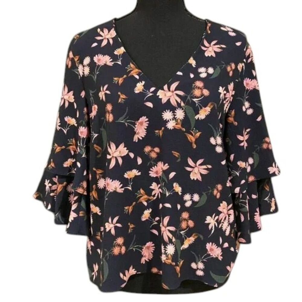 GIANNI BINI Tiered Bell Sleeve V Neck Top Blouse Floral Dark Blue Pink Sz S